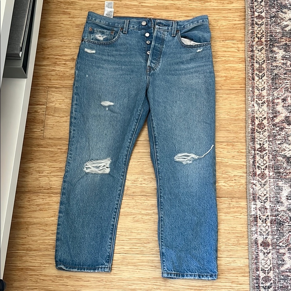 Levi's 501 Original Blue Ankle Cropped Jeans with Distressed Details